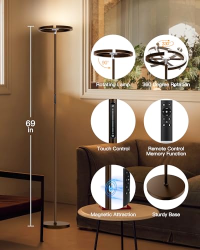 Brown Floor Lamp, Modern Stepless Dimmable Standing Lamp with Remote Control, 22W 3000-6000K LED Rotatable Floor Light Uplighter Stand up Lamp Tall Lamp for Living Room Bedroom Office - color: Brown