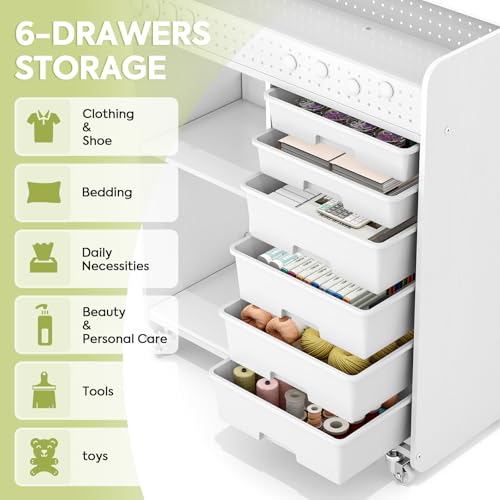 Rolling Craft Cart with 6 Drawers, Pegboard and Locking Wheels White - color: White