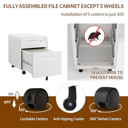 2 Drawer Mobile Low Profile File Cabinet with Lock and 4 Keys | Metal Filing Cabinet for Home Office, Under Desk, Pre-Assembly, File Drawer, Letter/Legal/A4 Hanging File Folders - color: White, size: 19.1"H*15.7"W-2 Drawers