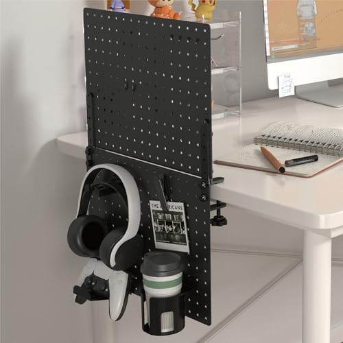 HUHOLE 32 x 12 Inch Clamp On Desk Pegboard Complete Kit | No Drill Metal Privacy Panel and Organizer with Accessories for Home Office, Gaming Setup, Cables and Supplies