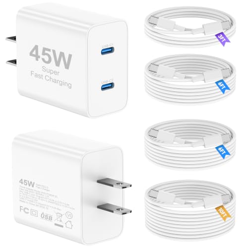 45W iPhone 17 16 15 Charger Fast Charging, 2 Pack Dual Port USB C Charger - color: White, size: 2pack-(3+6+6+10)ft
