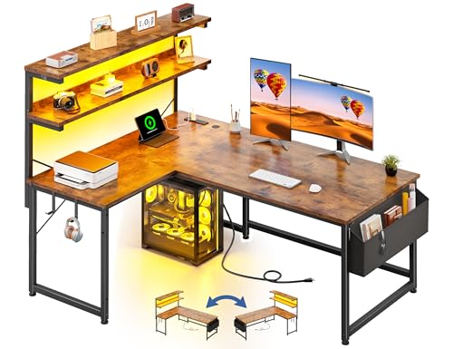 DurayLoly Computer Desk with Storage Shelf,Side Bag,Hook for Home Office | L Shaped Desk with Open Shelves, Bag, Headset Hook; Organize Consoles, Cables to Maintain Neat Bedroom Space,Rustic Brown - color: Brown, size: 43Inch