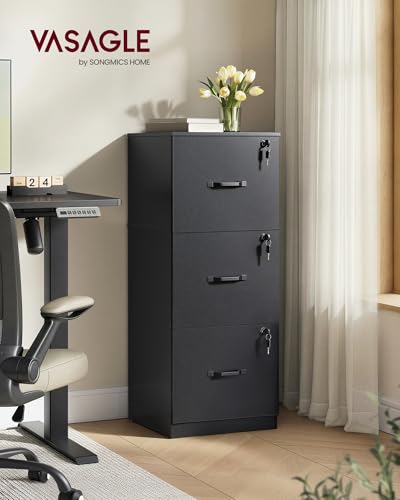 VASAGLE 3 Drawer File Cabinet with Locks, for A4, Letter Sized Documents - color: Ink Black, size: 3 Drawers