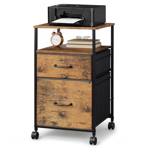 DEVAISE 2 Drawer Mobile File Cabinet with Open Storage Shelf | Rolling Printer Stand, Fabric Vertical Filing Cabinet fits A4 or Letter Size for Home Office, Rustic Brown Wood Grain Print - color: Rustic Brown Wood Grain Print