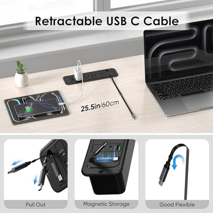 Recessed Power Strip with 60cm Retractable USB C Cable, Flush Mount | Furniture Drawer Outlet kit insert in (4) 20W USB & (3) 15 Amp AC Outlets, Hidden Charging Station for Desktop - color: Black