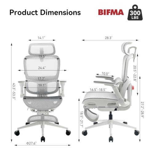 SIHOO B300 Pro Ergonomic Office Chair with Footrest, 4D Lumbar Support - color: Light Grey