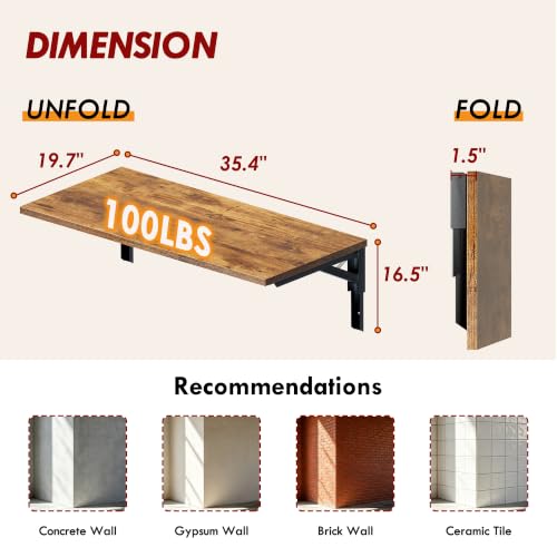 Need 36x20IN Wall Mounted Folding Table for Office Laundry Retro - color: Rustic Brown Desktop & Black Shelf Brackets, size: L36" * W20"