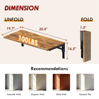 Need 36x20IN Wall Mounted Folding Table for Office Laundry Retro - color: Rustic Brown Desktop & Black Shelf Brackets, size: L36" * W20"