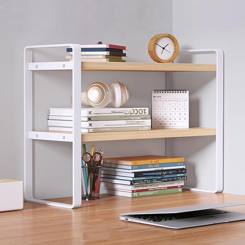 SIDIANBAN Desktop Organizer Shelf, 2 Tier Office Storage Rack | Wood Computer Desk Bookshelf Freestanding Display Shelf for Office, Dormitory, Home (White) - color: White Rack & Yellow Board