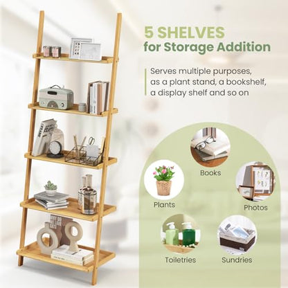Tangkula 5-Tier Ladder Shelf Bookcase, Bamboo 72”H Wall-Leaning Bookshelf with Baffles and Anti-Tipping Kits, Plant Stand for Living Room Bathroom Home Office Decor, Ladder Bookshelf, Natural - size: 26" x 14.5" x 72" (L x W x H)