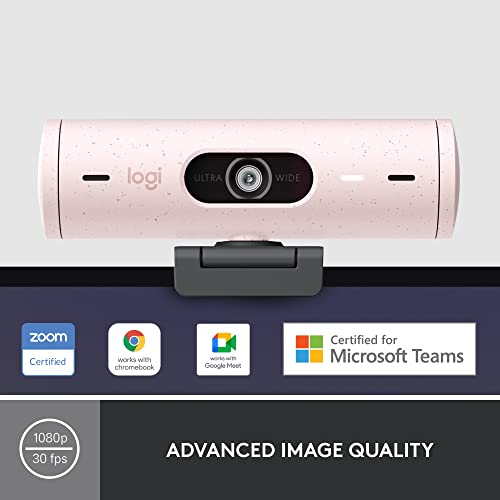Logitech Brio 500 Full HD 1080p Webcam with Auto Light Correction, Dual Noise Reduction Mics, Privacy Cover, Works with Teams, Meet, Zoom - Rose | Auto light correction, dual noise-reduction mics, privacy cover, auto framing, 90-degree field of view - col