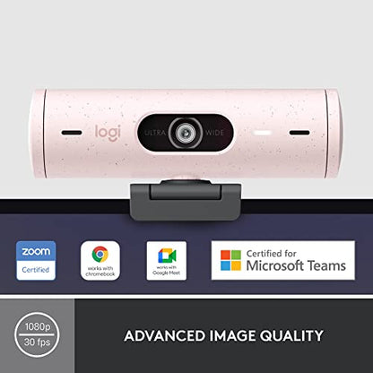 Logitech Brio 500 Full HD 1080p Webcam with Auto Light Correction, Dual Noise Reduction Mics, Privacy Cover, Works with Teams, Meet, Zoom - Rose | Auto light correction, dual noise-reduction mics, privacy cover, auto framing, 90-degree field of view - col