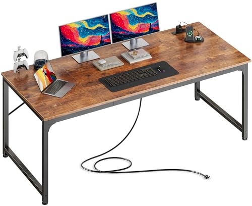 63 X 30 Inch Extra Deep Desk with Power Outlets | Long Computer Desk for Bedroom, Office Desk for Work from Home, Writing Study Gaming Table, Stable Metal Frame, Rustic Brown - color: Rustic Brown, size: 63*29.5 inch