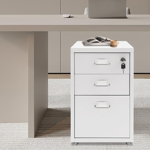 CNCEST 2-Drawer Vertical File Cabinet Metal Mobile Filing Cabinet with Lock Rolling File Drawer Cabinet Under Desk Sturdy Steel Storage Unit with Glide Drawers Lockable Wheels for Home Office (White) - color: White