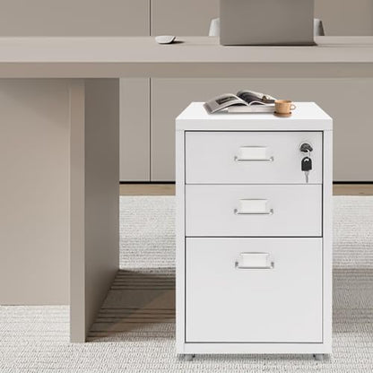 CNCEST 2-Drawer Vertical File Cabinet Metal Mobile Filing Cabinet with Lock Rolling File Drawer Cabinet Under Desk Sturdy Steel Storage Unit with Glide Drawers Lockable Wheels for Home Office (White) - color: White