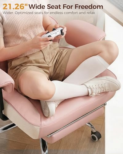COMHOMA Big and Tall Office Chair Heavy Duty Gaming Chair with Deluxe Embossing Leather High Back Wider Ergonomic Computer Chair with Foot Rest 145°Reclining Pocket Spring Lumbar Support - color: Rose Pink