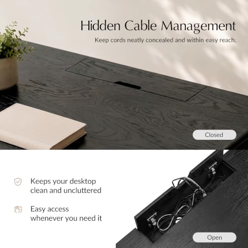HULALA HOME 60 Inches Fluted Writing Desk with Charging Station, Black - color: Black