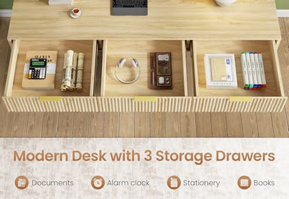 SEDETA 55" Executive Office Desk with 3 Drawers, Home Office Desk with Storage Drawers, Computer Writing Desk Study Table, Natural Oak