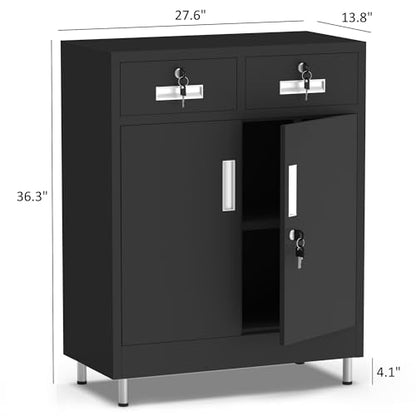 Metal Storage Cabinet with Locking Doors and 2 Drawers, Lockable Storage Cabinet with Adjustable Shelf for Home Office Garage Entryway Pantry (Black)