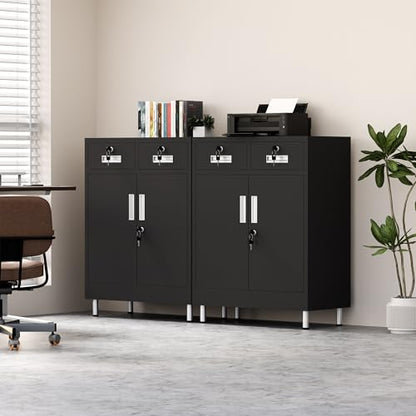 Metal Storage Cabinet with Locking Doors and 2 Drawers, Lockable Storage Cabinet with Adjustable Shelf for Home Office Garage Entryway Pantry (Black)