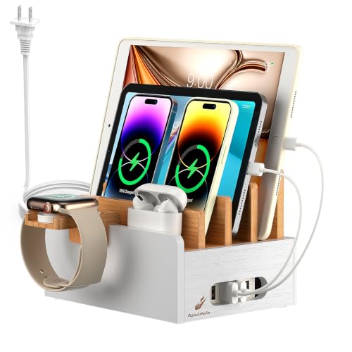 Pezin & Hulin Bamboo Charging Station for Multiple Devices with 5 Port USB Charger,5Cables,Smart Watch&Earbuds Stand, Desk Docking Stations Electronic Organizer for Cell Phone, Tablet (Natural+White) - color: Natural + White(With Charger)