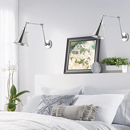 JONATHAN Y Rover 1-Light Wall Sconce 7", Chrome, Set of 2 | Adjustable Arm, Hardwired Bedside Reading Swing Arm, Farmhouse Cone Shade, Metal Hardwired Indoor Fixture, LED Bulbs Included - color: Chrome, size: Set of 2