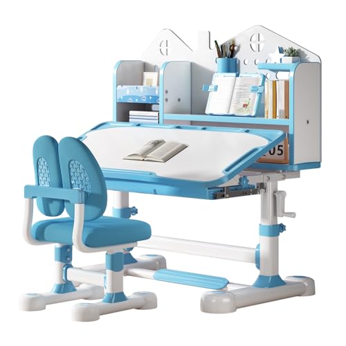 Kids Desk and Chair Set- 3-12 Height Adjustable Ergonomic Art Desk | School Study Desk, 50° Tiltable Desktop, Easy-Turn Crank, Storage Drawer & Built-in Bookstand for Children Boys & Girls - color: 015-blue-31.5in