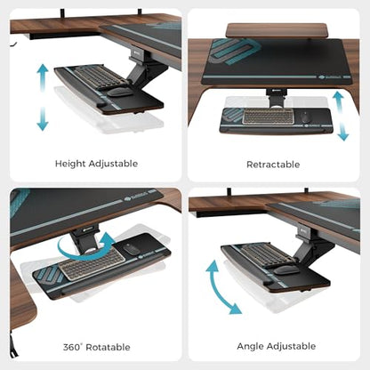 EUREKA ERGONOMIC Gaming Standing Desk with Keyboard Tray,74" U Shaped Studio Desk for Recording&Live,Electric Height Adjustable Desk w LED Convertible Shelves,Walnut