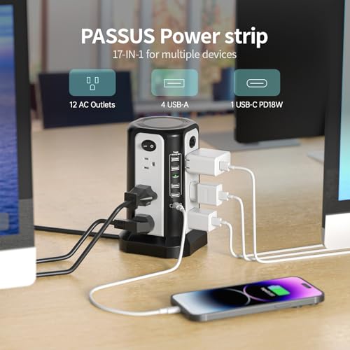 Surge Protector Power Strip Tower 10FT with PD18W USB C Port | Extension Cord with 12 AC Multiple Outlets, Charging Tower with 5 USB, Overload Protection for Home Office, Black White - style: Black White-4A1C