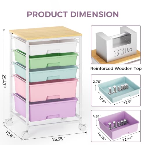 SYKIARIOL 5-Tier Rolling Cart with Drawers with Wooden Top, Ice Cream - color: Ice Cream