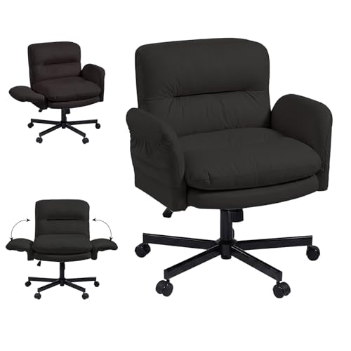 Bestier Criss Cross Office Chair with Flip-Up Arms, Comfy Wide Vanity Chair | Scratch-Resistant Pu Leather Computer Office Desk Chairs with Wheels 2 Side Pockets for Home Makeup Bedroom, Black - color: Black Pu Leather, size: Low Back