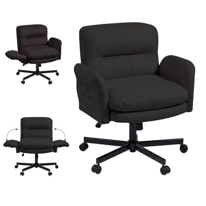 Bestier Criss Cross Office Chair with Flip-Up Arms, Comfy Wide Vanity Chair | Scratch-Resistant Pu Leather Computer Office Desk Chairs with Wheels 2 Side Pockets for Home Makeup Bedroom, Black - color: Black Pu Leather, size: Low Back