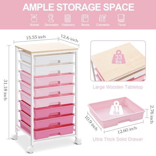 SYKIARIOL Rolling Cart with Drawers,Utility Cart with 8 Drawers,Rose Pink - color: Rose Pink