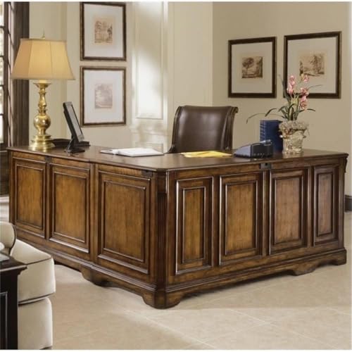 Pemberly Row L-Shaped Wood Executive Desk, Mahogany Finish, Hardwood Solids and Cherry Veneers, 68.25 in x 79 in x 30.5 in, Transitional Style Office Desk with Cable Management and Storage