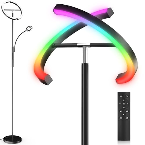 Upgraded 36W RGBCW Floor Lamp with Ring Reading Lamp, Rotatable Remote Control LED Standing Lamp Dimmable Floor Light Modern Standing Light for Living Room Bedroom Home Office, Black - color: 2-in-1 Black RGB