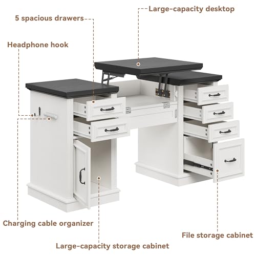 Jocoevol 57" Lift Executive Desk with Drawers, Farmhouse Home Office Desk with File Cabinet Storage, Computer Desk with Charging Station & Headphone Hook for Work/Study/Writing (White & Black, Lift)