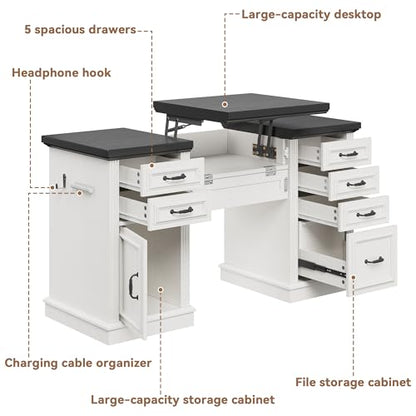 Jocoevol 57" Lift Executive Desk with Drawers, Farmhouse Home Office Desk with File Cabinet Storage, Computer Desk with Charging Station & Headphone Hook for Work/Study/Writing (White & Black, Lift)