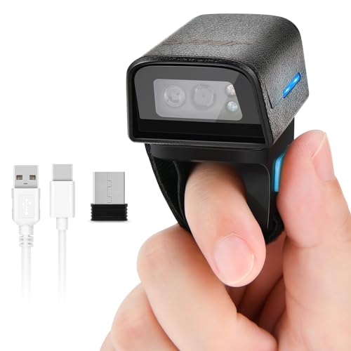 1D 2D Bluetooth Portable Ring Barcode Scanner, Wearable Mini Barcode Reader with Wireless 2.4Ghz &Bluetooth &USB Wired 3 in 1, Connectable Windows/Mac OS/Android