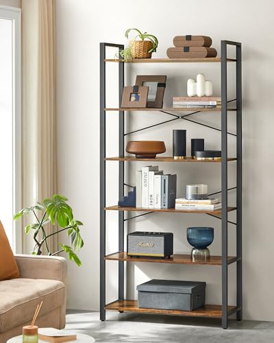 VASAGLE 6-Tier Bookshelf, Bookcase with Steel Frame, Book Shelf for Living Room, Home Office, Study, 11.8 x 31.5 x 73.2 Inches, Industrial Style, Rustic Brown and Ink Black ULLS082B01 - color: Rustic Brown + Ink Black, size: 6 Tiers (11.8"D x 31.5"W), sty