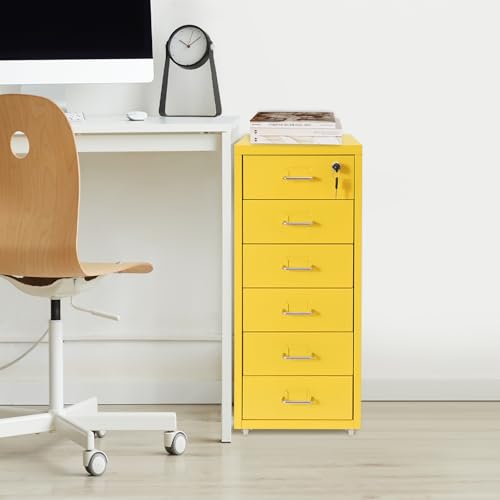 6 Drawers File Cabinet with Lock Rolling Mobile Filing Cabinet with Wheels Under Desk Vertical Filing Cabinet for Office/Home Metal (Yellow) - color: Yellow