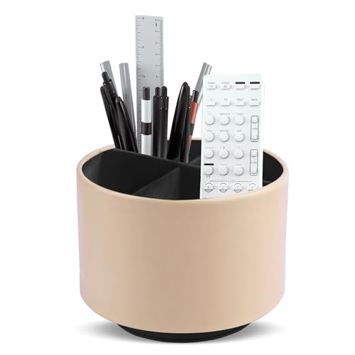 Round Leather Art Supply Organizer,Remote Control Holder,360 Degree Spinning,Multi-Functional Pencil Holder,4 Compartments Desktop Stationary Organizer(1-Oil Apricot) - color: 1-Oil Apricot