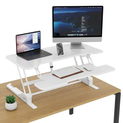 Mount-It! Electric Standing Desk Converter White 38 Inch Wide Tabletop, Stand up Desk Riser, Height Adjustable Sit Stand Desk, Fits Dual Monitors, Keyboard Tray, Device Slot, Monitor & Laptop - color: White