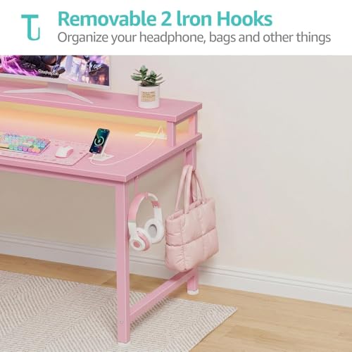 Lufeiya Small Girls Desk with Power Outlets and LED Lights, 32 Inch Gaming Desk Table with Charging Station, Home Office Computer Desks with Monitor, Pink - color: Pink, size: 31.5"