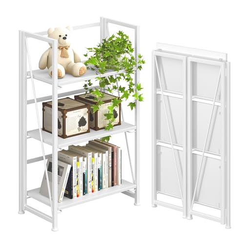 4NM No Assembly Folding Bookshelf Storage Shelves 3 Tiers Vintage Bookcase Standing Racks Study Organizer Home Office (All White) - color: All White, size: Standard 3 Tiers
