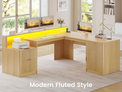 SEDETA 66" Modern L Shaped Desk with Drawers, Fluted Home Office Desk with File Cabinet and Printer Shelf, Wood Executive Desk with Monitor Stand, Power Outlets, Led Lights, Oak - color: Oak, size: L Shaped Desk