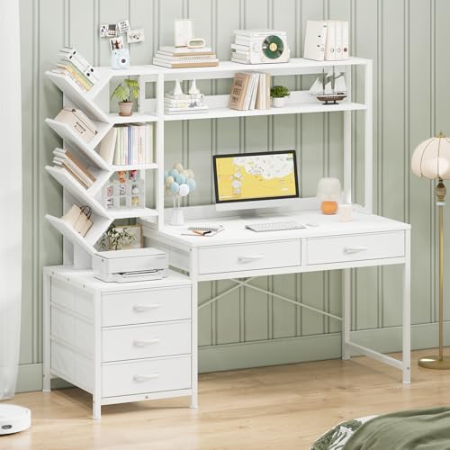YOMILUVE 52" Computer Desk with Bookshelf, 5 Drawers ＆ Hutch for Bedroom | White Office Desk with Printer Shelf, Study Writing Desk with Storage Shelves - color: White