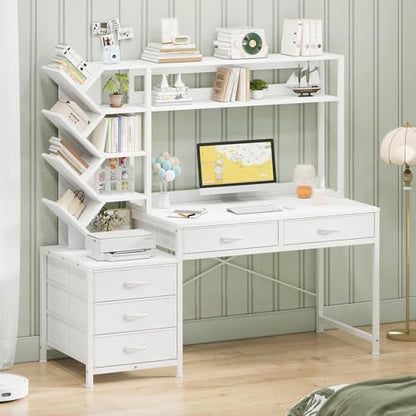 YOMILUVE 52" Computer Desk with Bookshelf, 5 Drawers ＆ Hutch for Bedroom | White Office Desk with Printer Shelf, Study Writing Desk with Storage Shelves - color: White