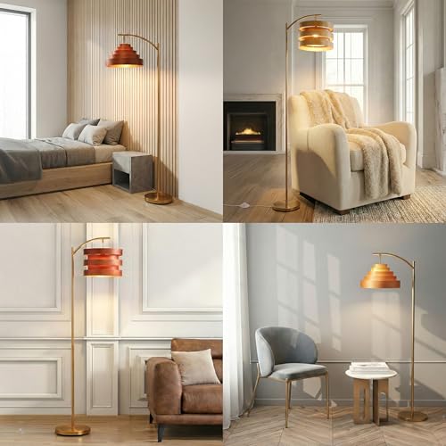 O’Bright Strata Wooden Floor Lamp - Mid Century Modern Standing Lamp with Layered Wood Shade, Tall Reading Lamp for Living Room, Bedroom, Office, Antique Brass, Light Oak, Cascade Shade - color: Antique Brass-Light Oak-Cascade