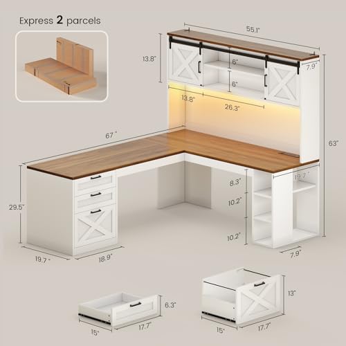 SEDETA 67" Farmhouse L Shaped Desk with Hutch, White+Brown - color: White and Brown, size: L Shaped Desk with Hutch (67")
