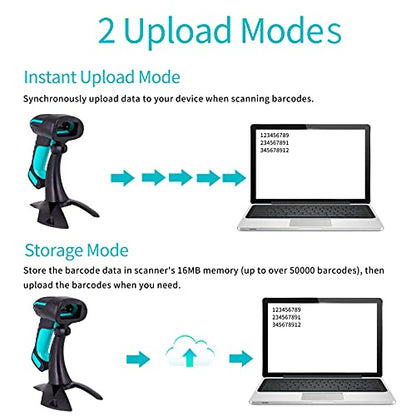 Alacrity 2D 1D QR Industrial Barcode Scanner with Stand, 2.4GHz Wireless Bluetooth 2 in 1, Hands Free Barcode Reader Shock Dust Proof, Blue